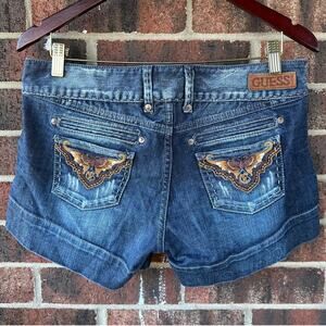 Sz 29 Vintage Y2K Guess Low Rise Jean Shorts Embroidered Butterfly Festival Edgy